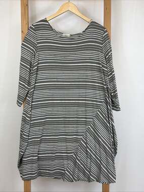 Chalet Gray White Striped Scoop Neck Dress Lagenlook Art to Wear Women's XL